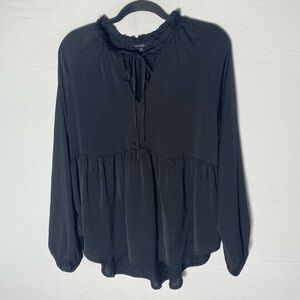 5/$25 George Silky Black Long Sleeve Flowy Boho Blouse W Ruffle Collar L